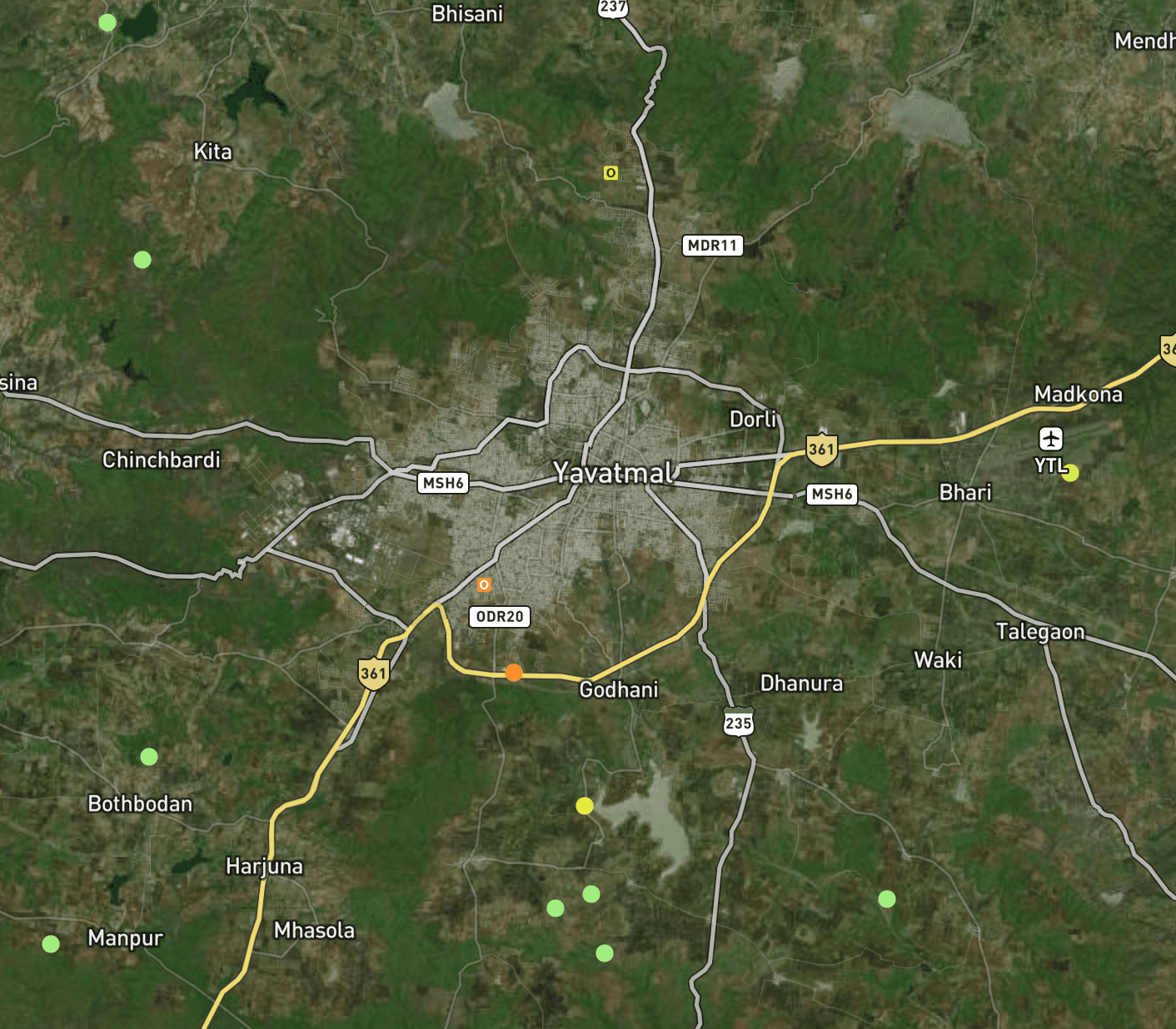 Satellite map of Yavatmal region and surrounding connectivity