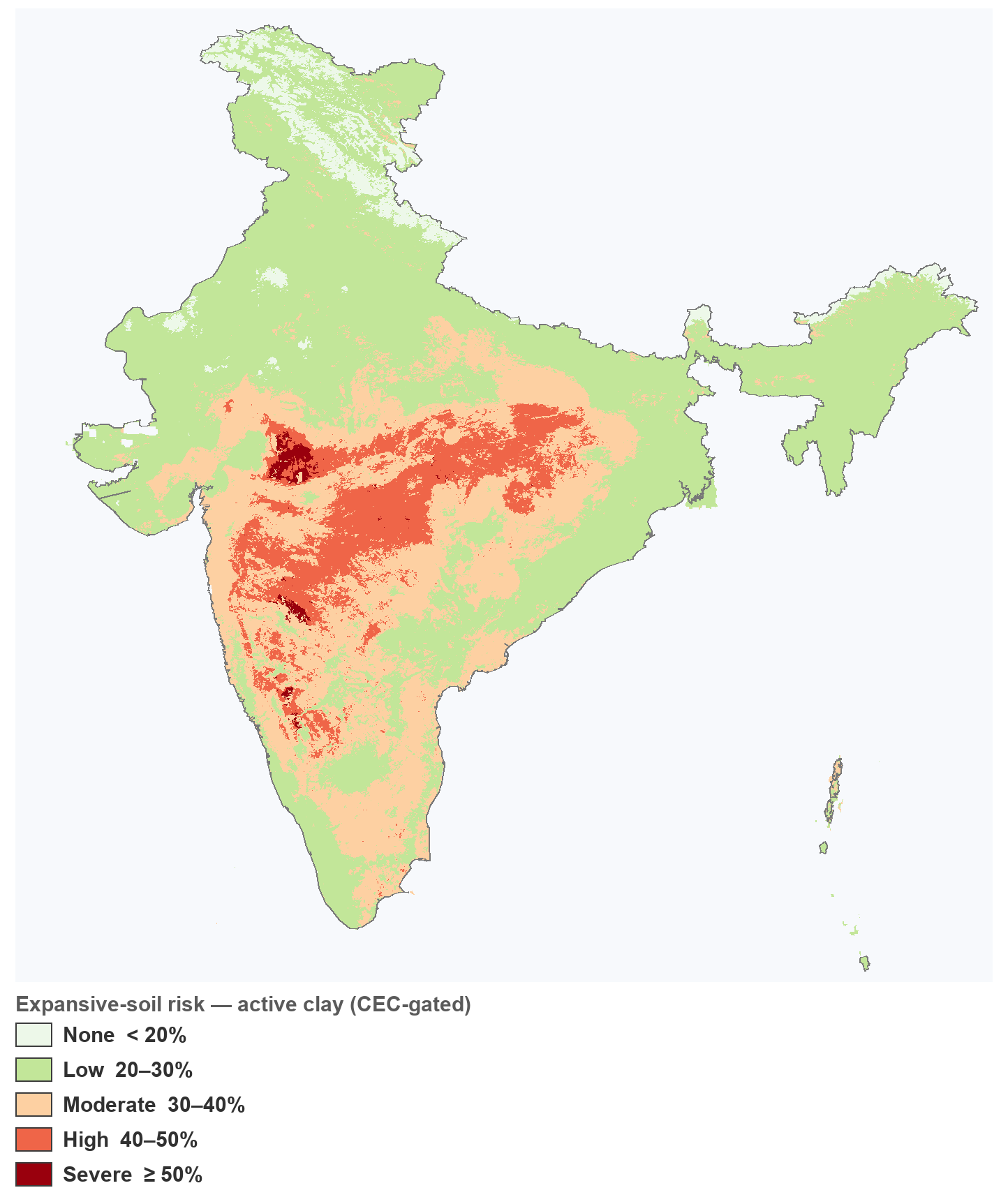 Map of India shaded by expansive-soil risk (active clay); the Deccan black-cotton belt (Maharashtra, Madhya Pradesh, Gujarat) shows the highest risk, while granite/red-soil regions and the Indo-Gangetic plain are low.