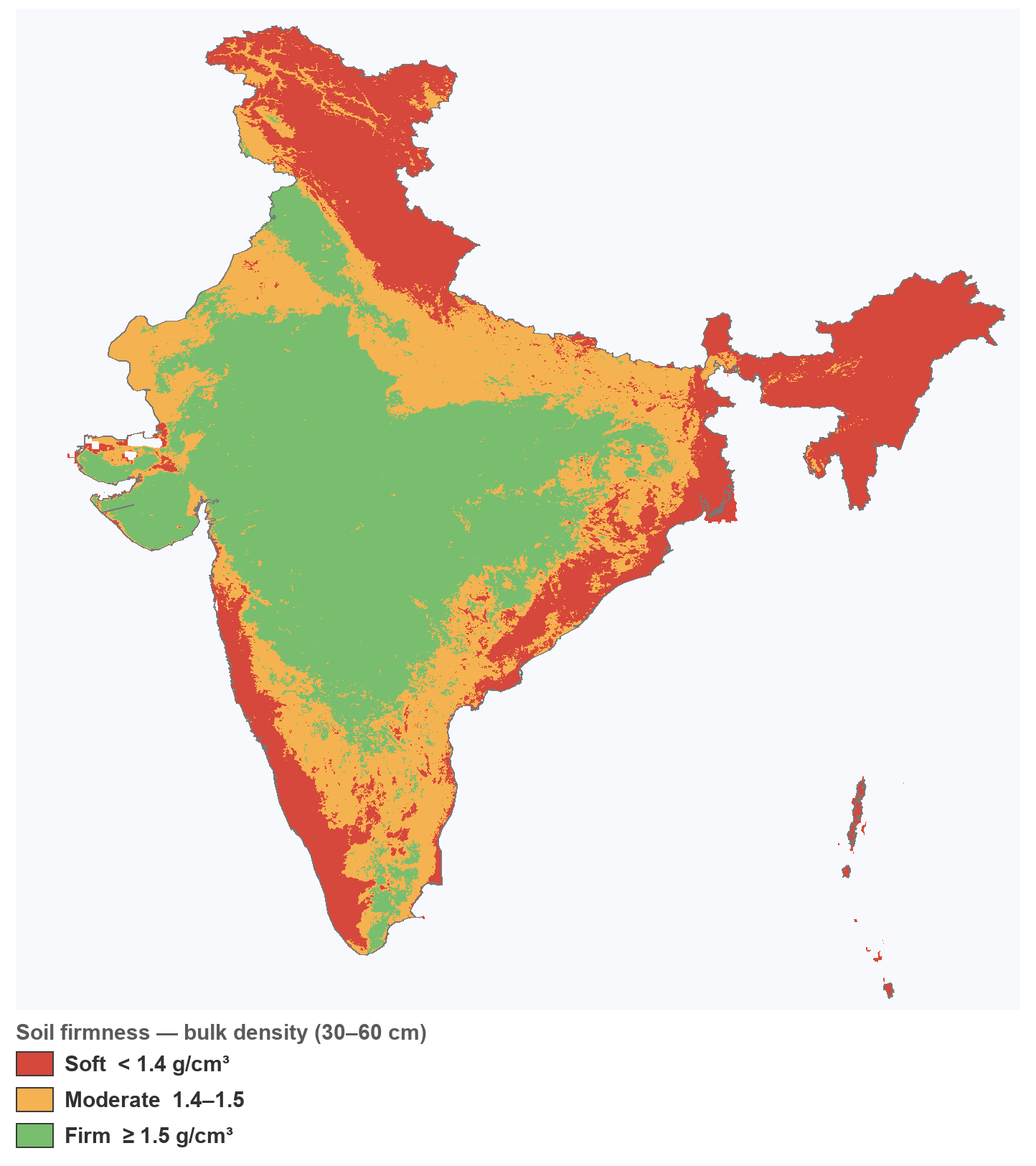 Map of India shaded by soil firmness from bulk density; arid/sandy and Deccan regions are firm, while organic-rich or clayey areas (north-east, Western Ghats, parts of the Gangetic plain) are soft.