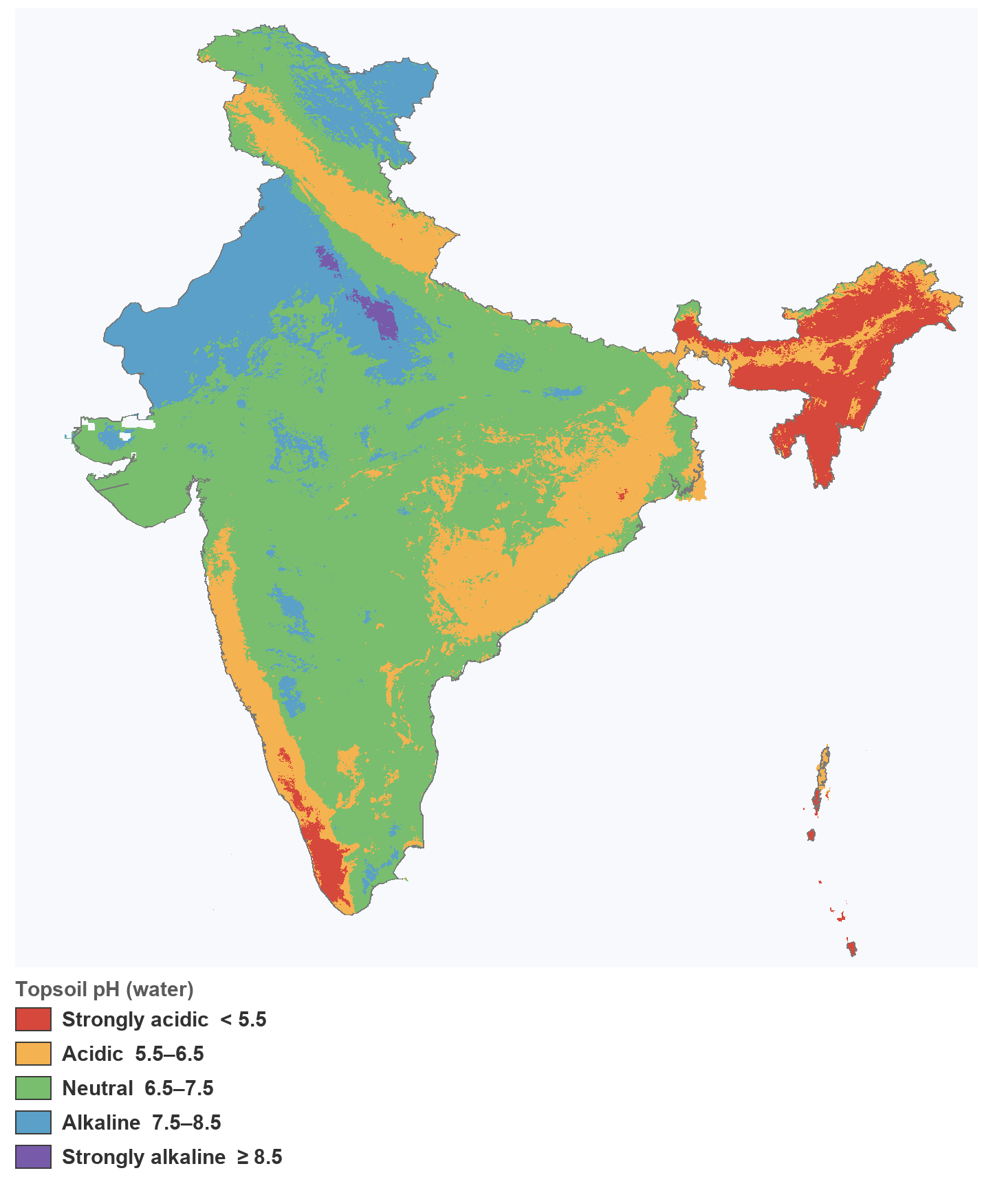 Map of India shaded by topsoil pH; the south, north-east and Western Ghats are acidic, the Indo-Gangetic plains near-neutral, and the north-west (Rajasthan/Punjab) alkaline.